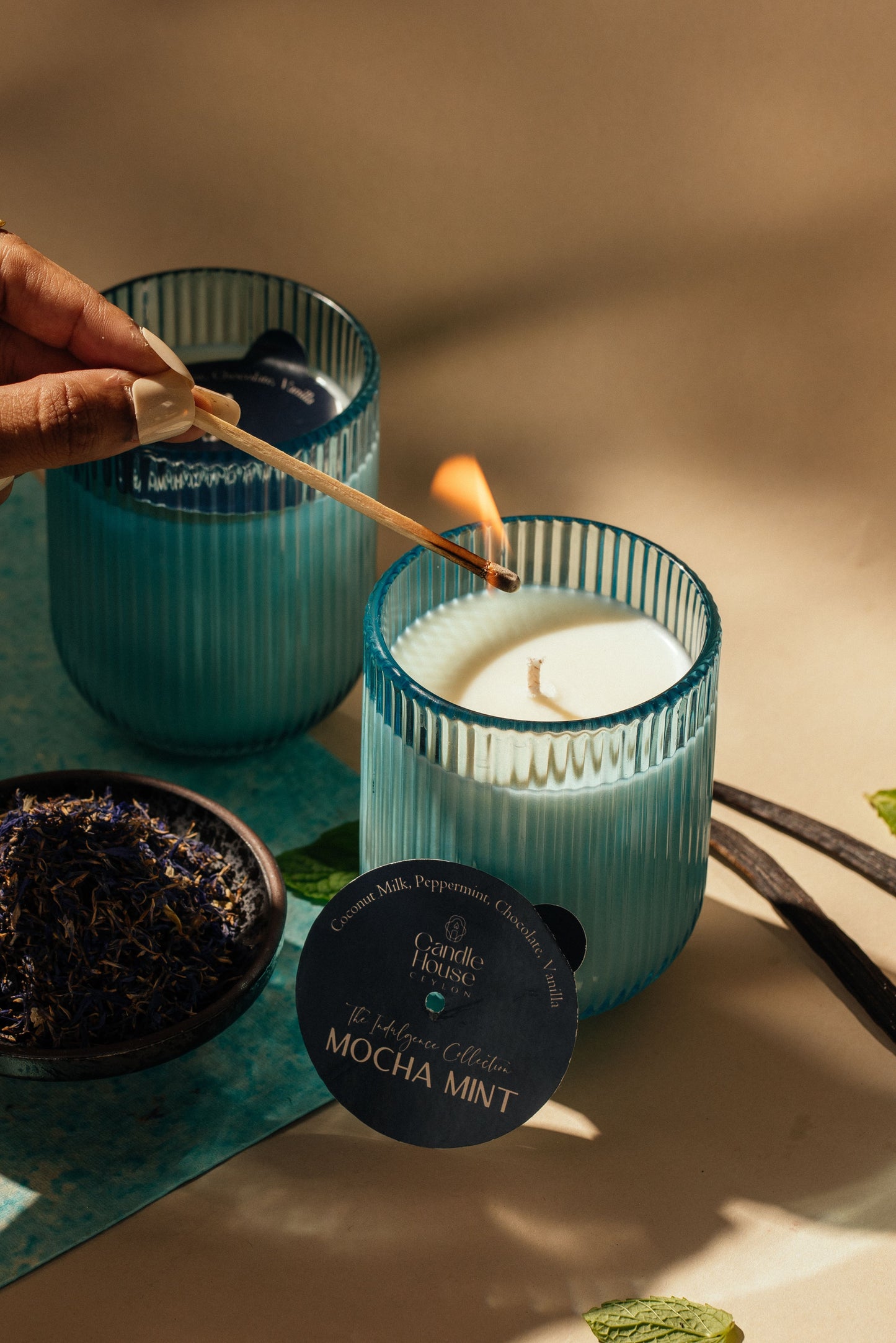 Mocha Mint Ribbed Glass Soy Candle